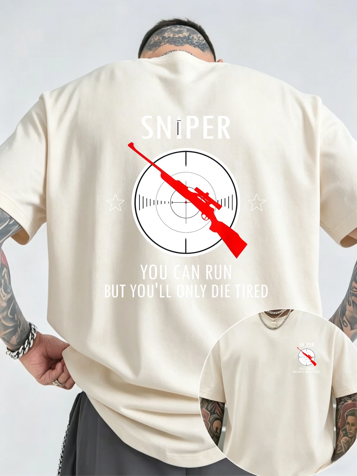 Men's Street-Style Short-Sleeve T-Shirt with Sniper Rifle Target Graphic and Text Print  vintage t shirt graphic t shirts