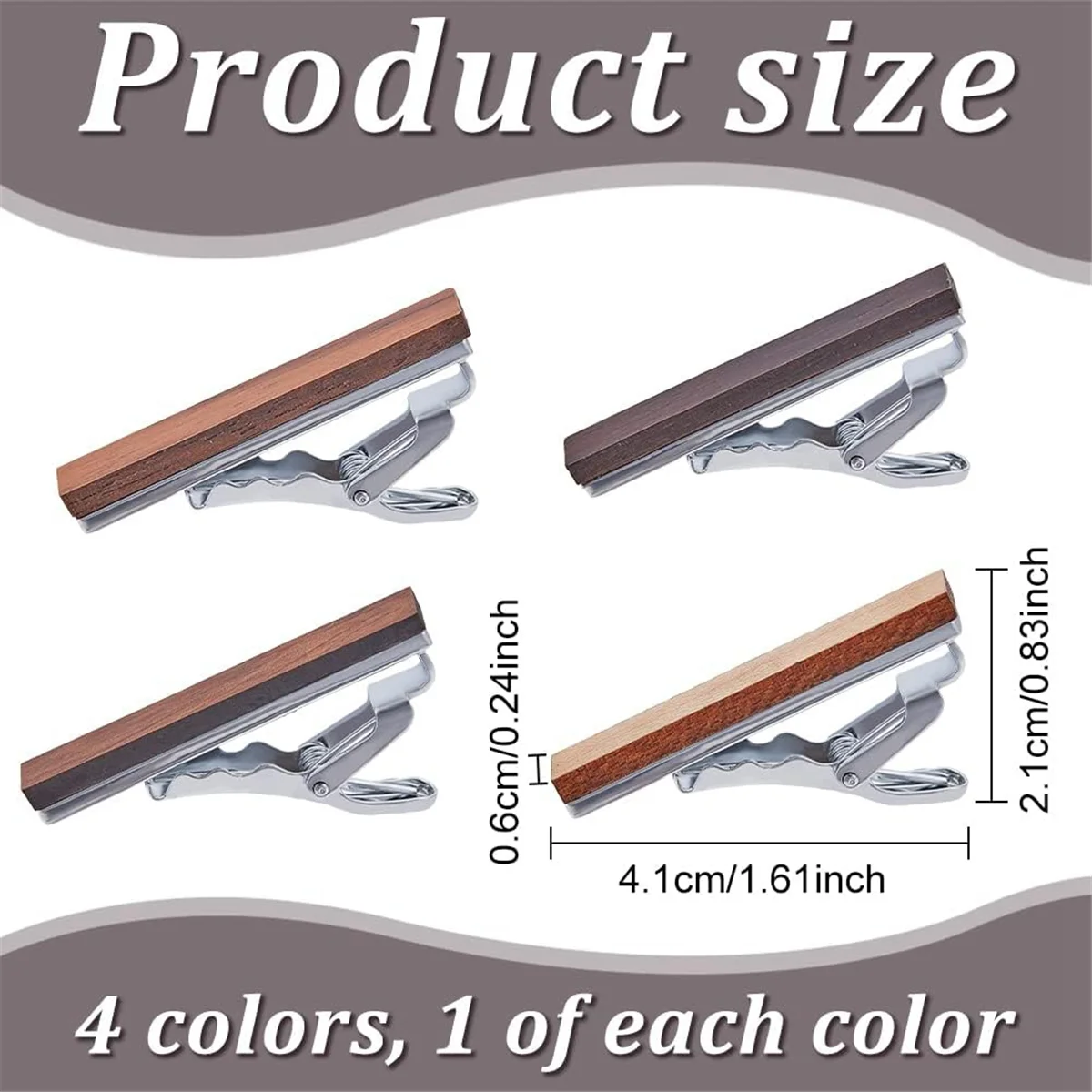 AT53 4 Pcs Wood Tie Clip for Men Natural Tie Bar Fashion Personalized Wooden Tie Slide for Wedding Anniversary Business
