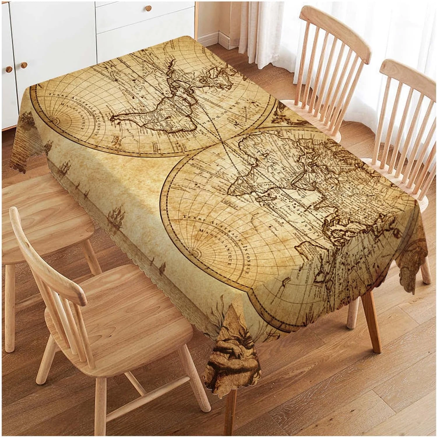 Vintage World Map Earth Rectangle Waterproof Tablecloth Party Decor Reusable Kitchen Dining Geography Tablecloth for Camping BBQ
