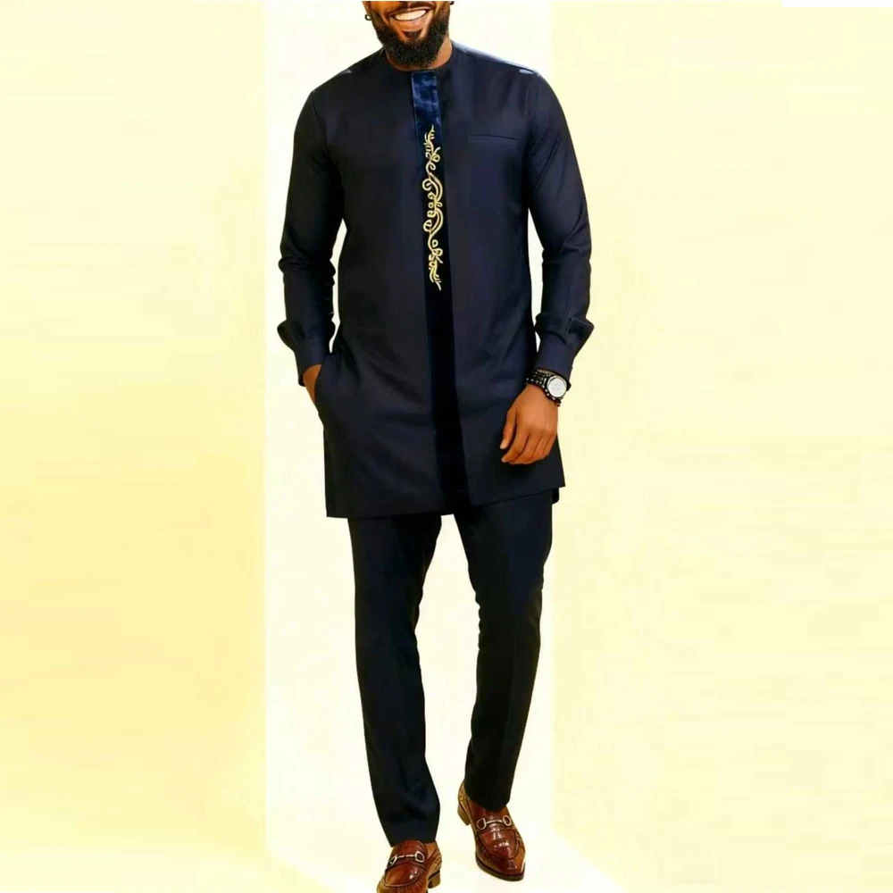 Dashiki الأفريقية الرجال دعوى طويلة الأكمام المطرزة قميص وسراويل 2 قطعة مجموعة قفطان احتفالي حفل زفاف الملابس التقليدية #3