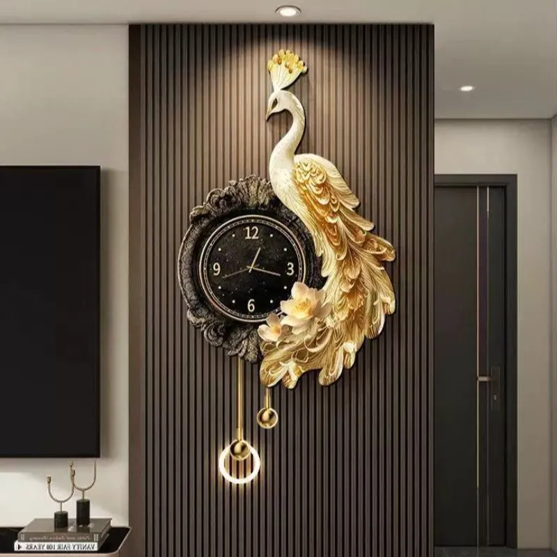 Black Fashion Wall Clock Peacock Premium Round Design Luxury Digital Clock Living Room Gold Orologio Da Parete Home Decor Items