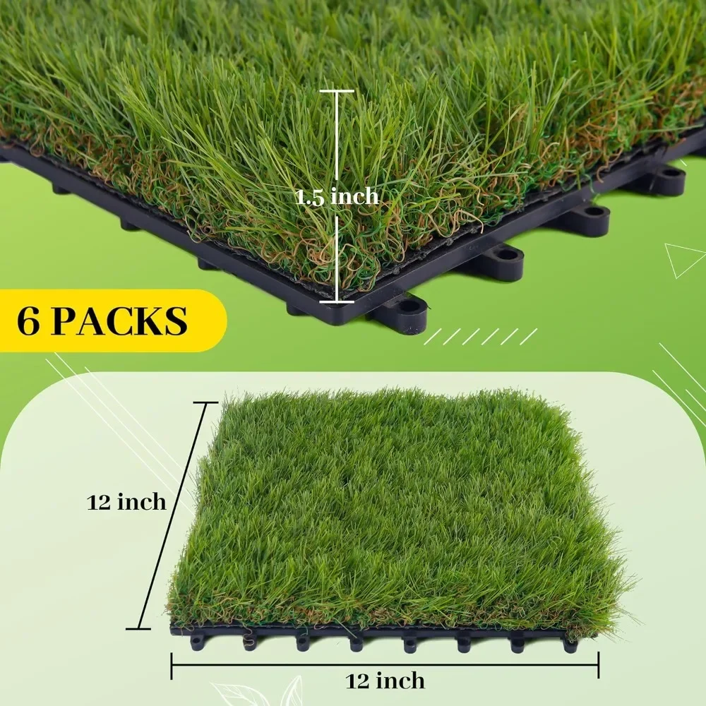 Artificial Grass Turf Tile Interlocking Self-draining Mat, 1x1 ft, 1.5 in Pile Height, 6 Pack Artificial Lawn