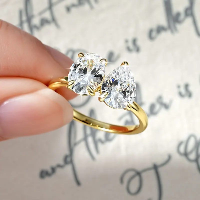 Lnngy 7 x 9 mm ovaler/birnenförmiger klarer Zirkon-Ring, exquisites Design mit zwei Steinen, verstellbare Ringe für Frauen, 2026 Trend-Schmuck, Geschenk – Detail 8