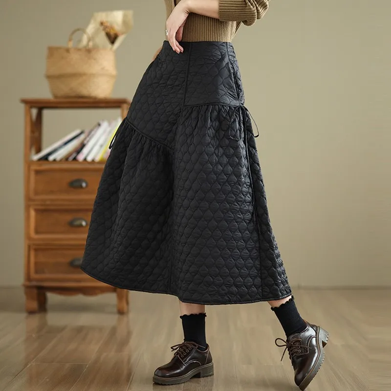 High Waist Long Skirt Women New Arrival 2024 Autumn Vintage Style Solid Color Basics Female Quilted Warm Casual Skirts B2019