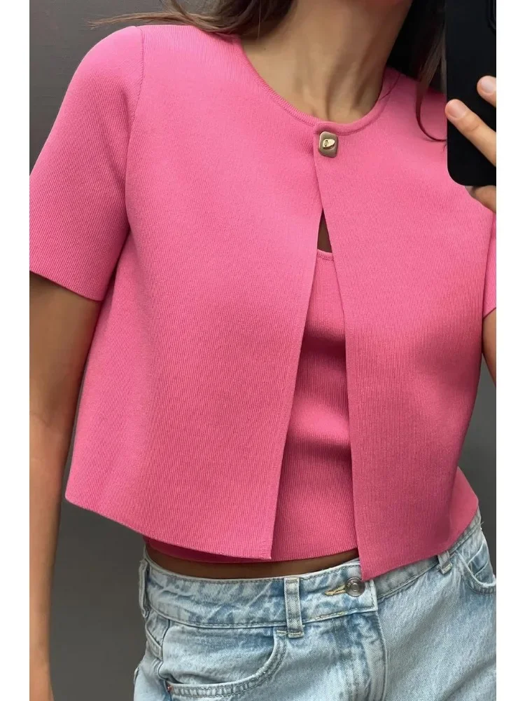 Elegant Women Fashion Short Sleeve Solid Coats 2024 Summer Buttons Casual Loose Basic Shirts Women\'s Knitted Short Sleeved Top