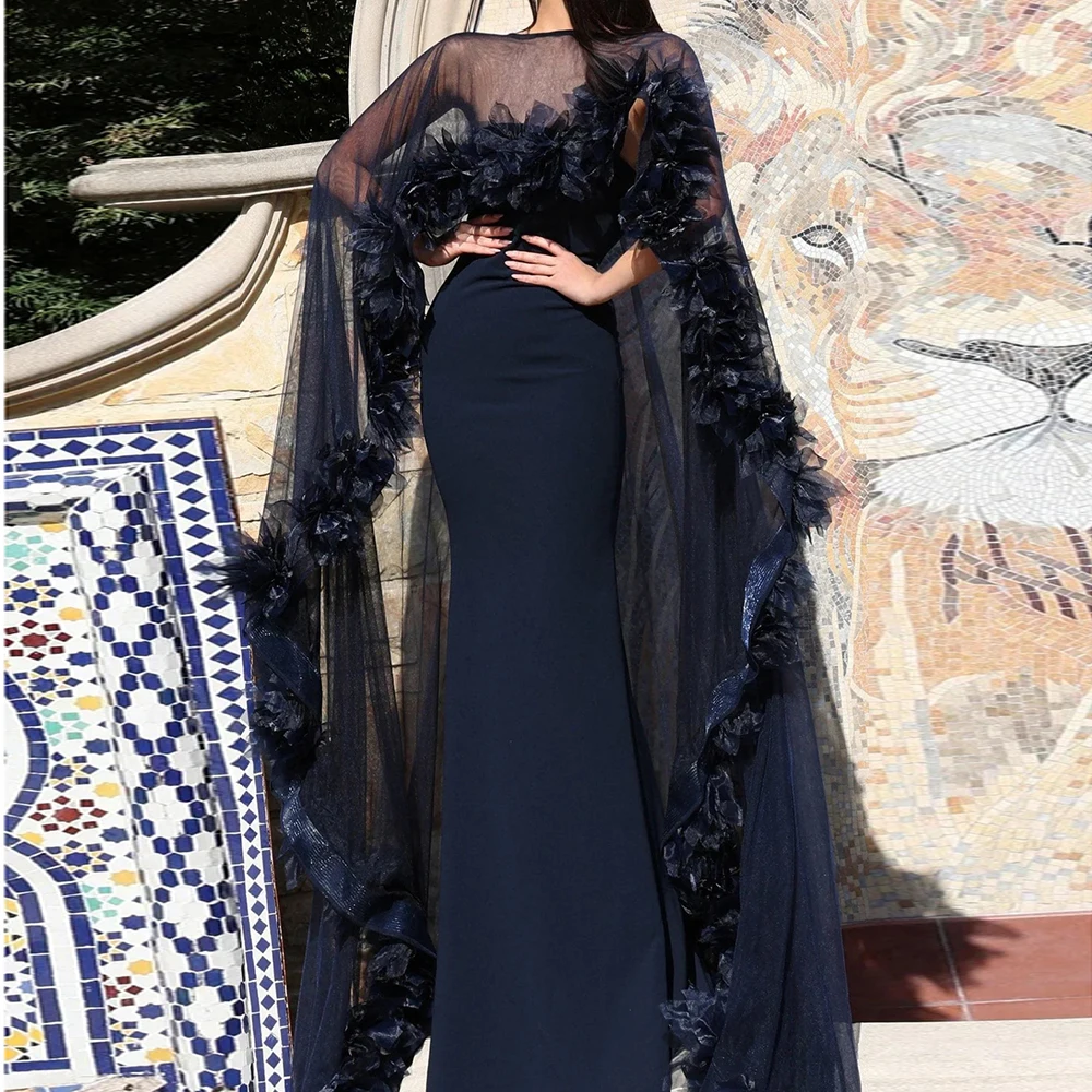 Customized Mermaid Evening Dresses Floor-length O-neck Sleeveless Prom Gown Fashion Flowers Stole Simple Draped Party Gown