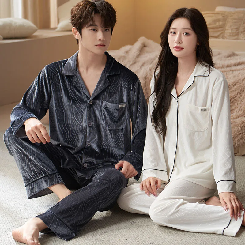 

Couple 2Pcs Gold Velvet Pajamas Set For Women Men Warm Pyjama Homewear Autumn Winter Velour Pijamas