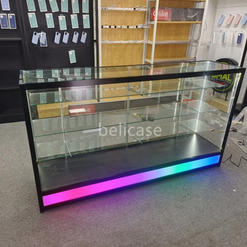 Custom, popular full glass display with LED light smoke shop display showcase lockable retail store display cases