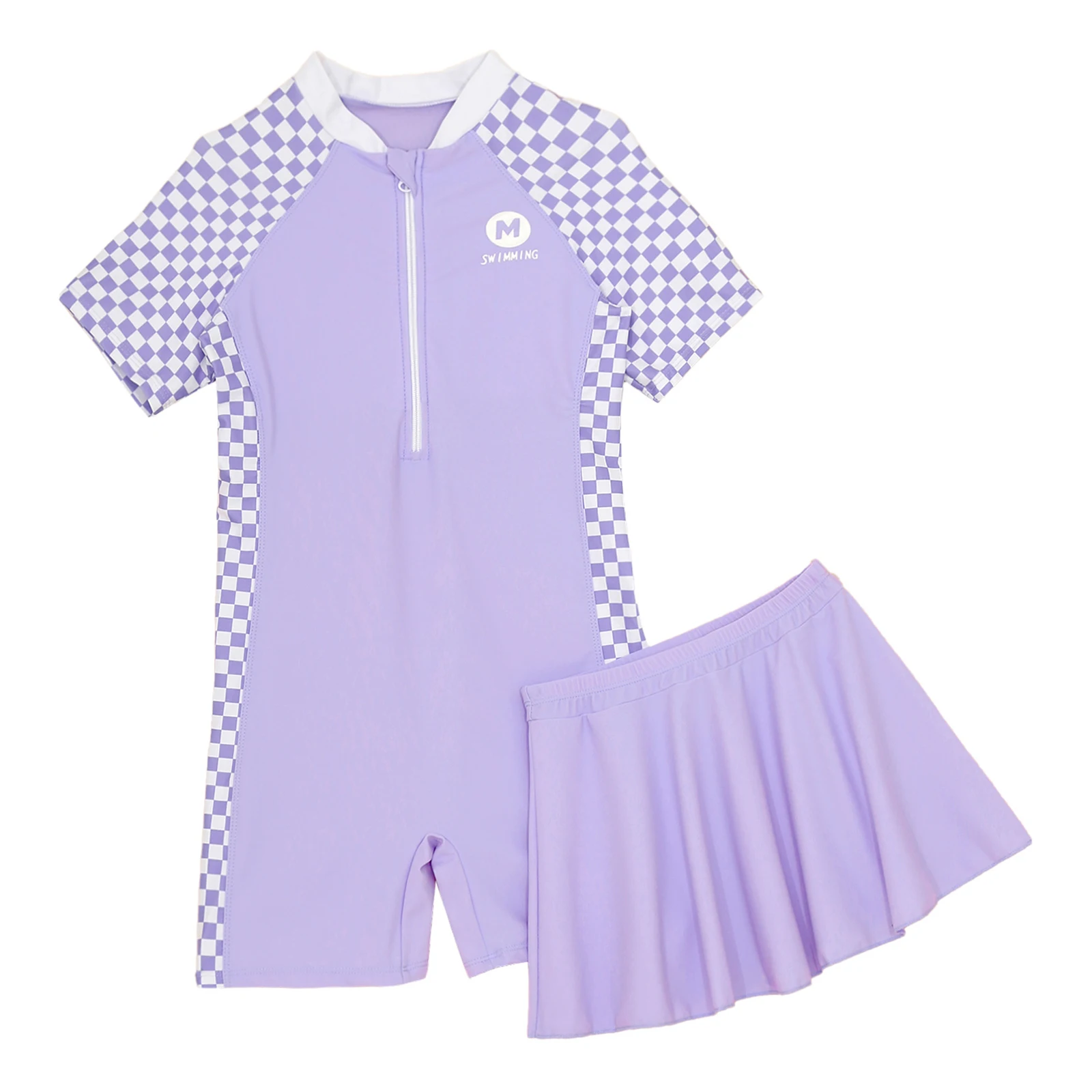 2024 Hot Selling 2Pcs Kids Girl One Piece Swimsuit Swimming Skirt Short Sleeve Boy-cut Bodysuit Swimwear UPF 50+ Bathing Suit