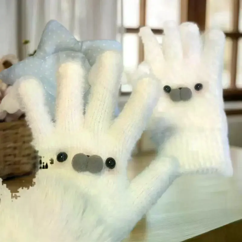 Cute Baby Seal Scarf Snowman Plush Gloves Winter Warm Cold-Proof Gloves Five-Finger Fashion Trendy Gloves Girly Christmas Gifts
