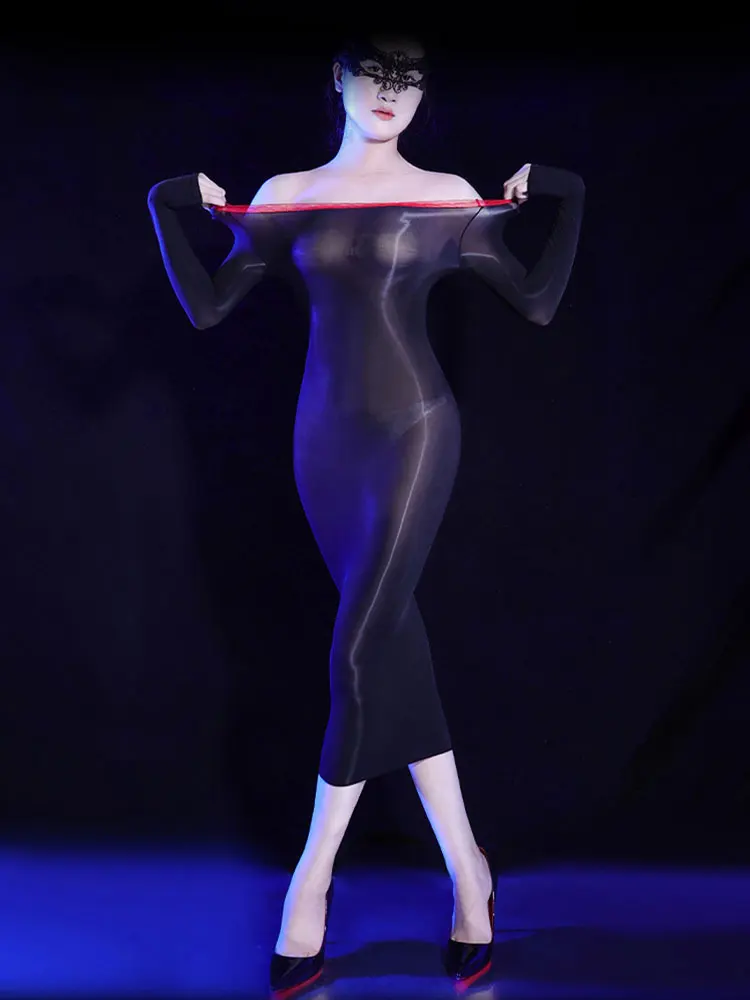 Abiti lunghi trasparenti trasparenti ultra sottili sexy a tubino Abiti tubolari con spalle scoperte in pizzo Guanti a cinque dita Abito alla moda