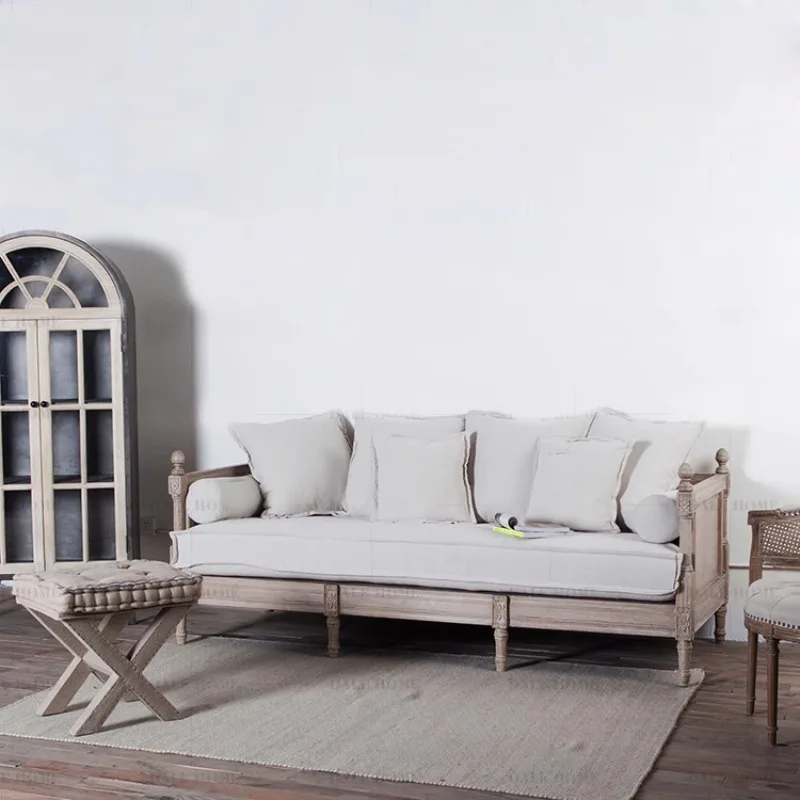 

American French country retro old solid wood sofa linen antique white carved double triple sofa bed