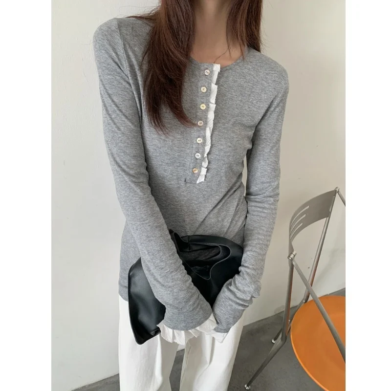 

Henry Collar Long Sleeve Ruffle T-Shirt Women Color Block Slim Fake Two-Piece Bottoming Tops