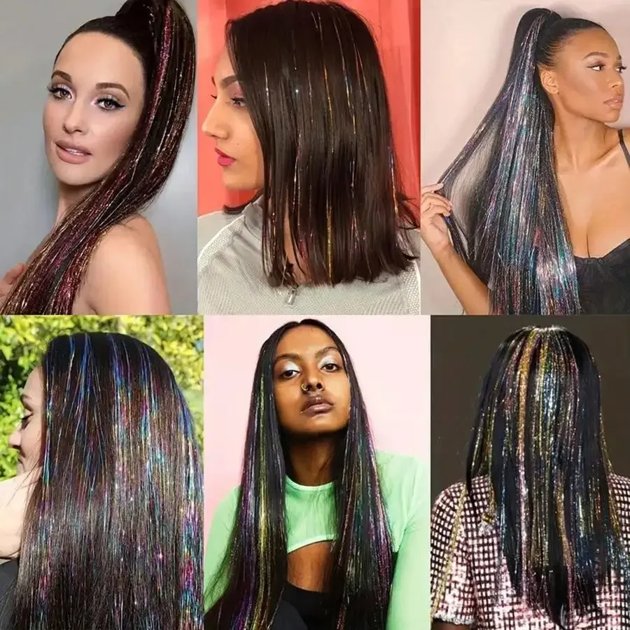 12 ألوان لامعة الشعر بهرج السواحل عدة 34 "/48" الاصطناعية الشعر بريق ملحقات للفتيات لعيد الميلاد السنة الجديدة تأثيري الطرف #6