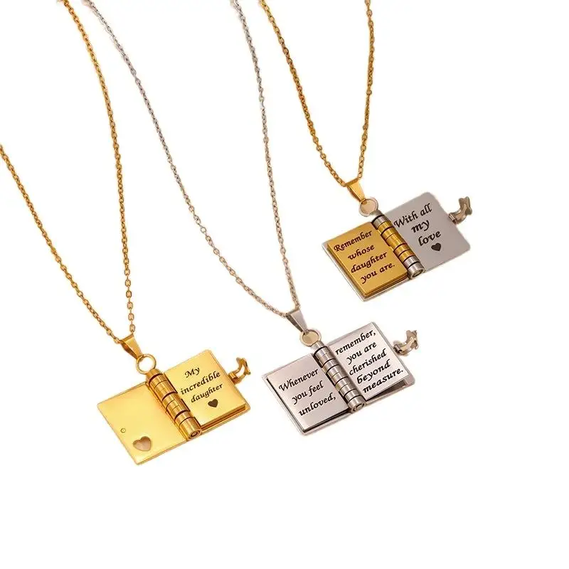 الفولاذ المقاوم للصدأ بلدي ليتل ستار محفورة كتاب قلادة قلادة تصميم قابل للفتح مع 7 صفحات هدية لابنة سترة المرأة تشا #6