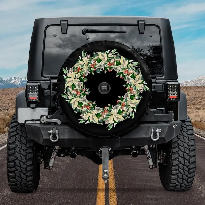 White Christmas Wreath Spare Tire Cover, Backup Camera, Poinsettia Spare Tire Cover, Christmas Car Accessories, Rear camera tire