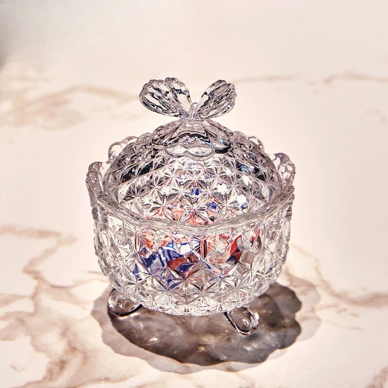 Crystal Glass Butterfly Candy Jar Thick Sturdy Smooth Antique Elegant Sugar Bowl Snack Dish Coffee Sweet Container Ornament