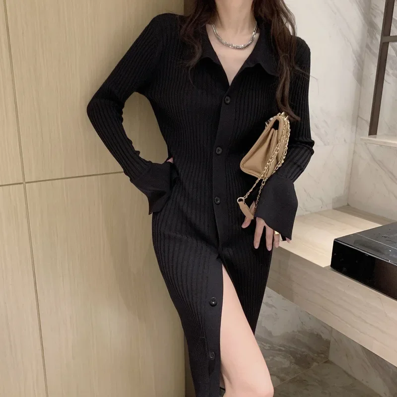 

Autumer Winter Knit Casual Long Sleeve Button Elegant Chic POLO Collar Slim Sweater Dress for Women Vintage Korean Fashion ZL39