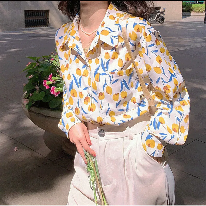 2022 Autumn Spring Women\'s Loose Shirt tulip Printed Blouses for Women Long Sleeve Chiffon Top Women Clothes Female Basic Shirt