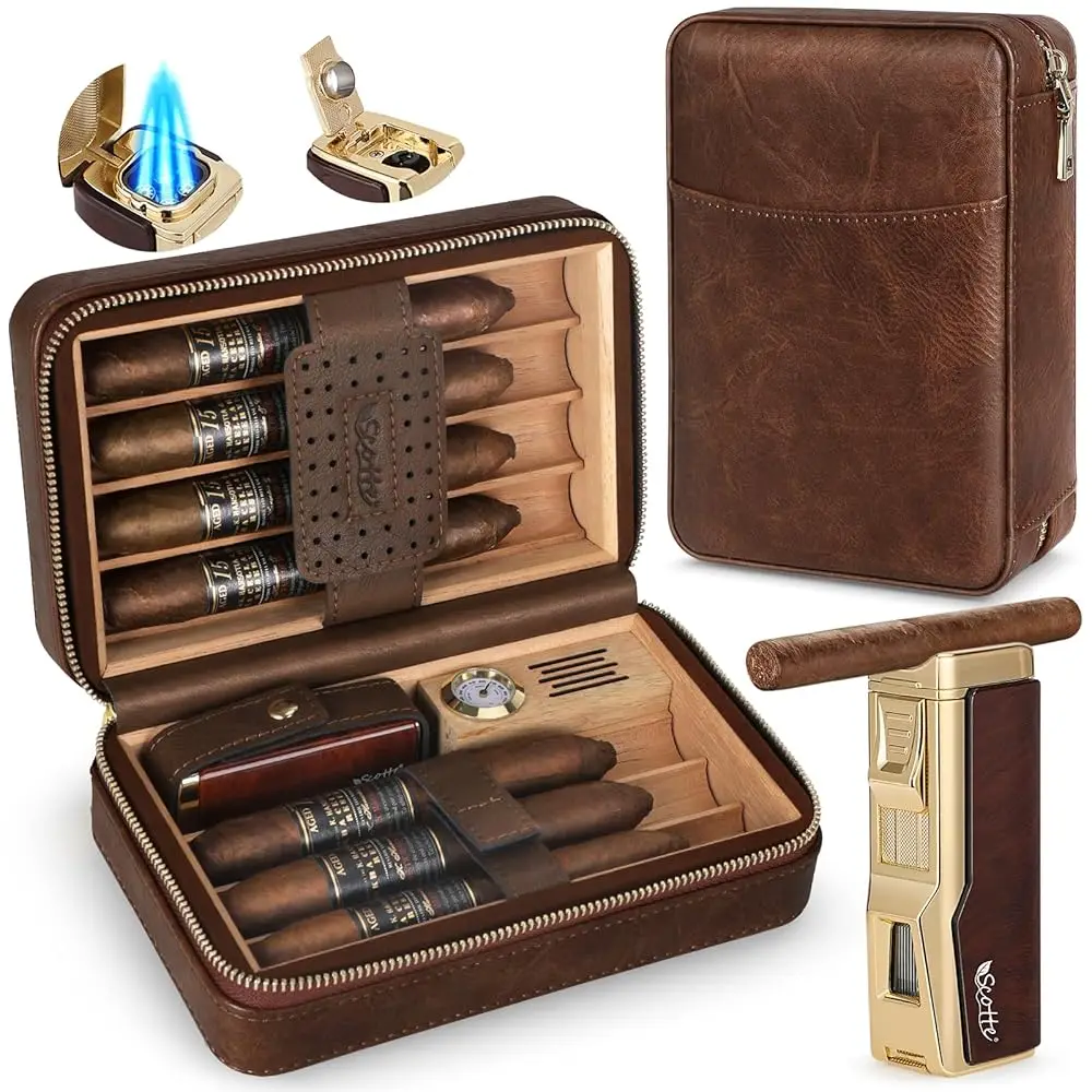 

Cigar Humidor Box, Cigar Lighter Cedar Wood Lined Leather Cigar Case Built in Hygrometer & Humidifier, Torch Lighter with Ci
