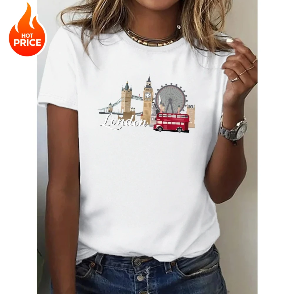

London landmarks illustration Print T-shirt Women's Harajuku Short Sleeve Casual Women's T-shirt Clothing Street Tops Tees Y2K