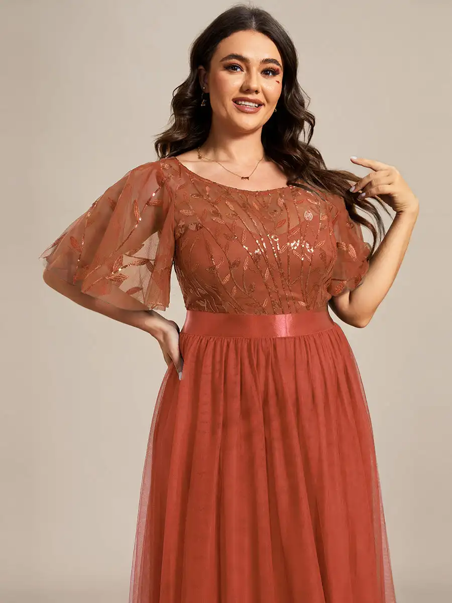 Elegant Evening Dresses Round neck Cap Sleeve Empire waist Floor length 2025 Ever Pretty of Burnt Orange Sequin Bridesmaid dress