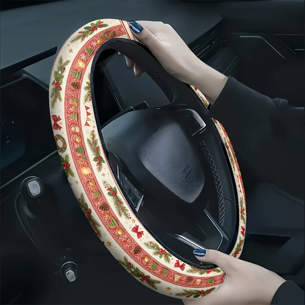 1pc 2D Printed Pine Branch Berries Christmas 3-Tier Theme Car Steering Wheel Cover - Seamless Design, Enhanced Grip And Style