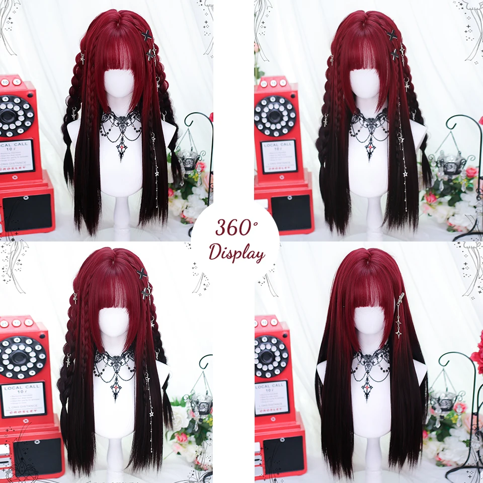 OLACARE Synthetic Long Straight Lolita Wig with Bang Red Ombre Black Cosplay Party Halloween Christmas Wavy Curly Harajuku Wig