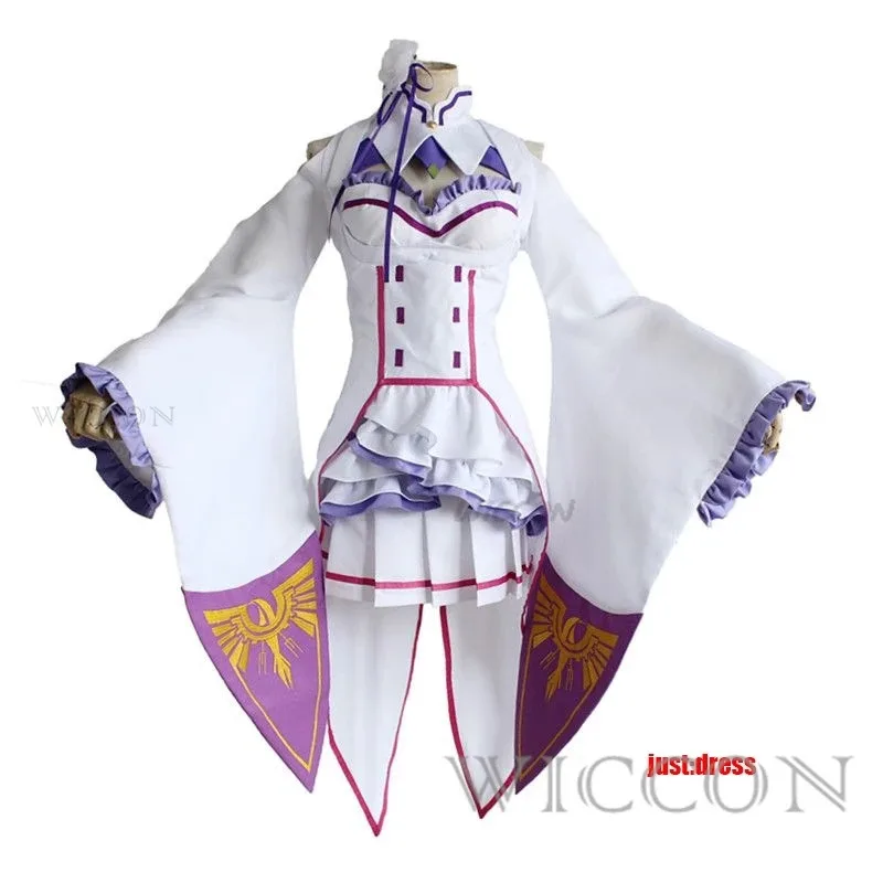 Kostum Cosplay Anime Emilia Rezero 2025, Wig, Gaun Lolita Imut, Kostum Halloween untuk Wanita Elf