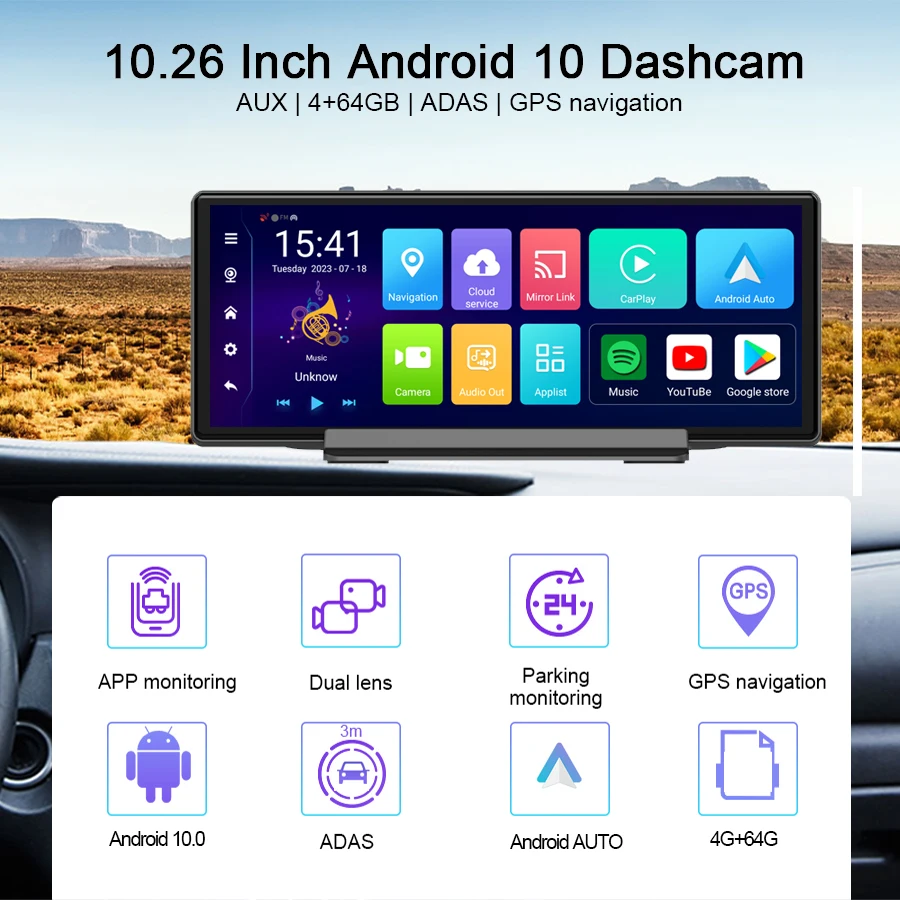 10.26 inch 4G Android 13 Car DVR 4+64G 8 Core GPS Navigation WiFi ADAS Dash Cam Rearview Mirror Camera monitor Video Recorder