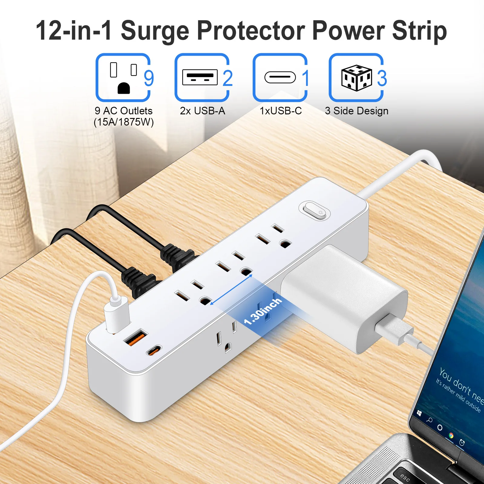 US Power Strip Surge Protector 9 AC Outlets 2 USB 1 Type-C Ports Master Switch 1.2M Power Cord Desktop Charger for Home Office