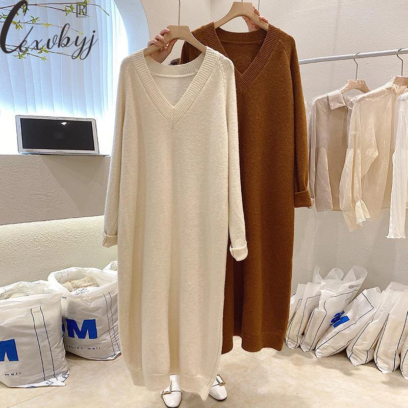 

Oversized V-Neck Women Straight Dress Autumn Winter Loose Pullover Knitted Elegant Dress Solid Colors Long Party Dress 40-150KG