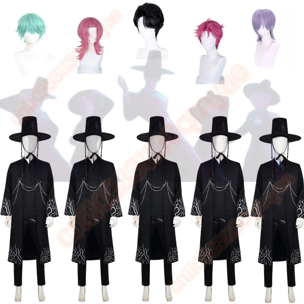 

2025 NEW Kpop Saja Boys Jinu Mystery Romance Abby Cosplay Costume Wig Black Stage Performance Group Suit Hat Set