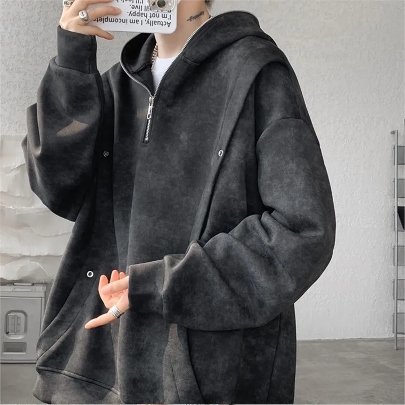 Retro Tie-dye Printed Hoodie Men Fleece Warm Pullover Sweatshirts High Street Hip Hop Streetwear Oversized Unisex Hoodie