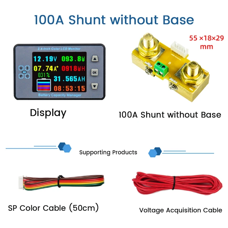 VA9810 2.4 Inch Voltage Meter+100A Diverter+Case Coulometer Capacity Power Detector Monitor Spare Parts For Electric Vehicle/RV