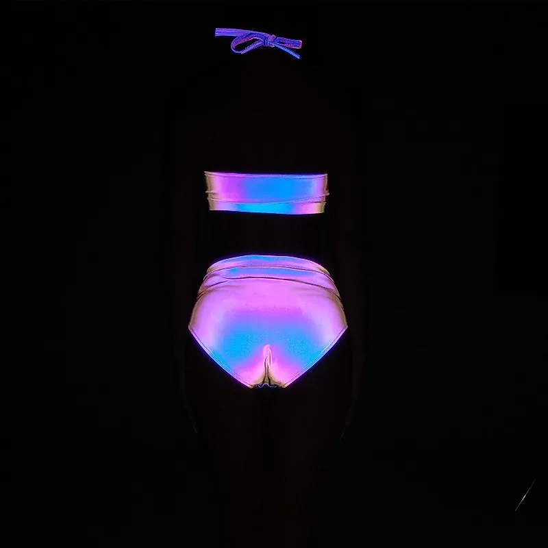 New Reflective Swimsuit Women Two Piece Bikini Halter Neck Sexy Swimwear Beach Pool Party Night Swimsuit Summer Vacation