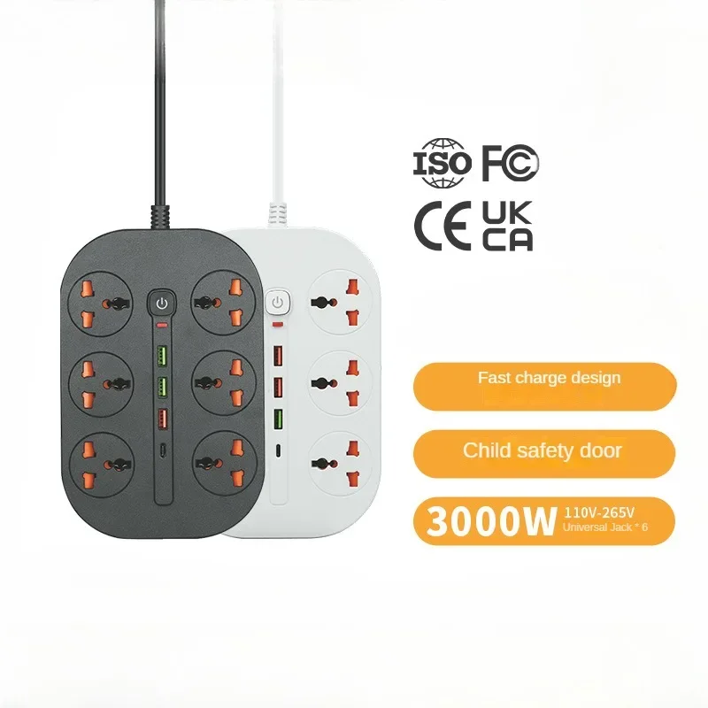 3000W High Power Plug-in Board EU US UK with USB Fast Charging Socket Power Board PD 20W Power Strip Lightning Protection