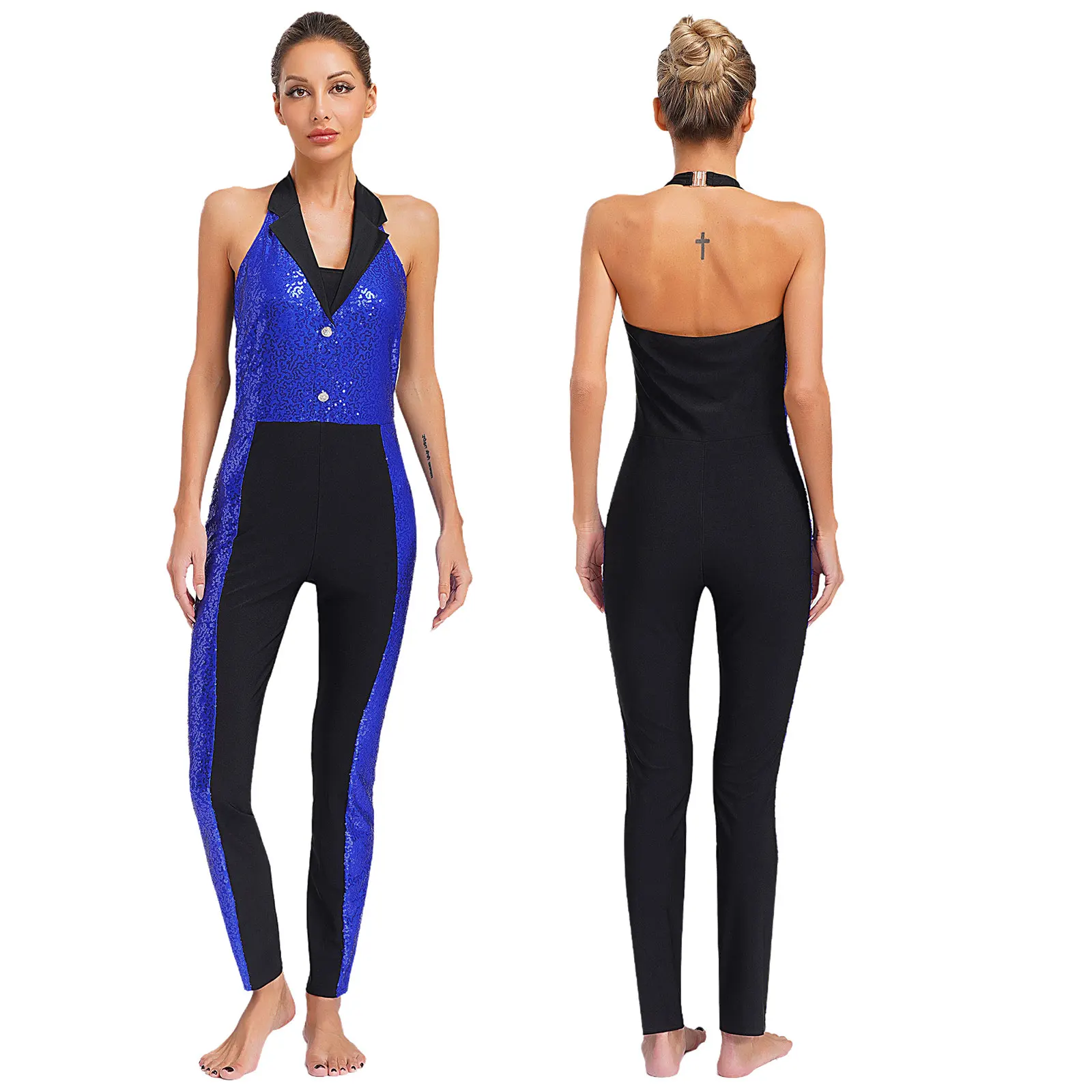 

Womens Shiny Sequin Performance Latin Jazz Dance Jumpsuit Halter Sleeveless Backless Color Block Full Body Leotard Stage Clothes
