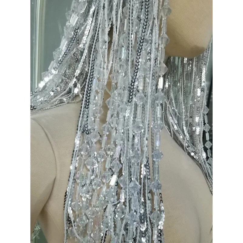 Designer Silver Sequin Crystal Tassel Wigs Women Birthday Party Rhinestone Fringes Headwear Club Stage Dancer Singer Accessories