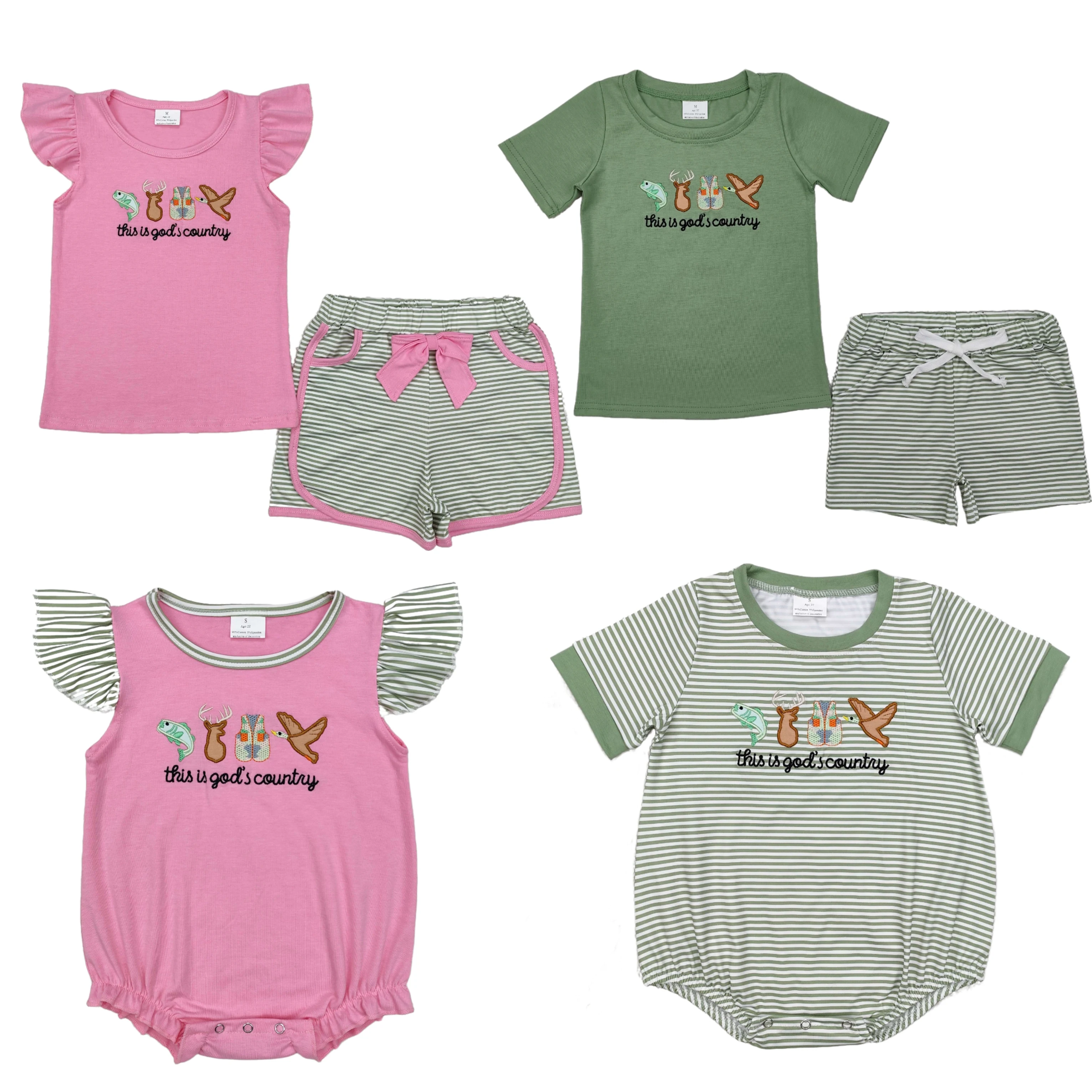 Wholesale Baby Boy Girl Clothes Embroidery Country Fish Deer Duck Sibling Clothing Infant Girls Boys Rompers Outfits Matching