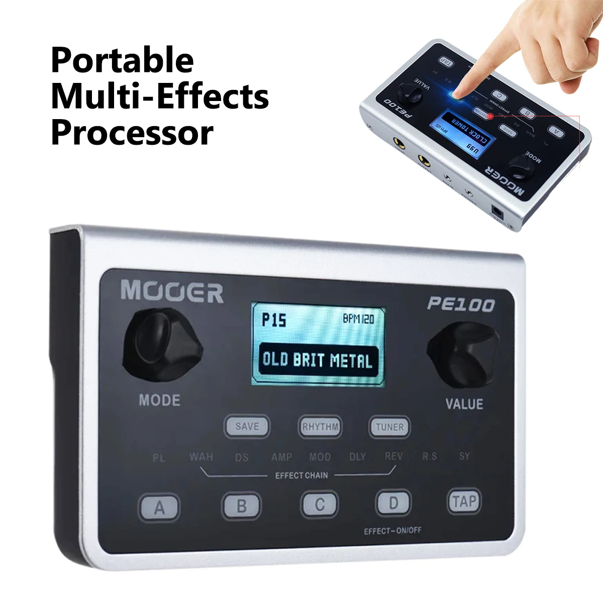 MOOER PE100 Multi-Effects for Electric Guitar – 6 Effect Blocks, 40 Drum Patterns, Tap Tempo, AUX In/Headphone Out, 9V/Battery