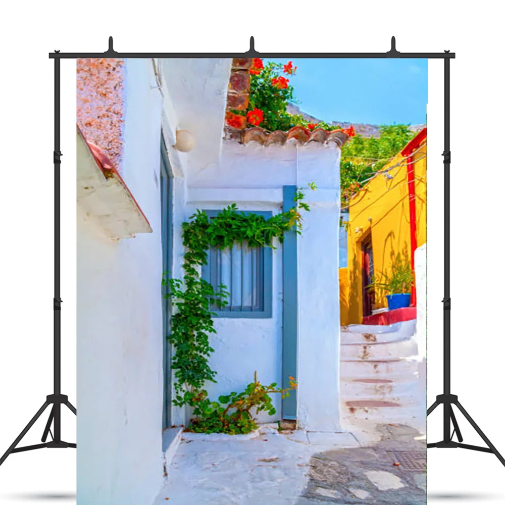 Santorini Greek Aegean Sea Holiday Party Decoration Bay Town Architecture Flowers Stairs Photography Background  XC-10