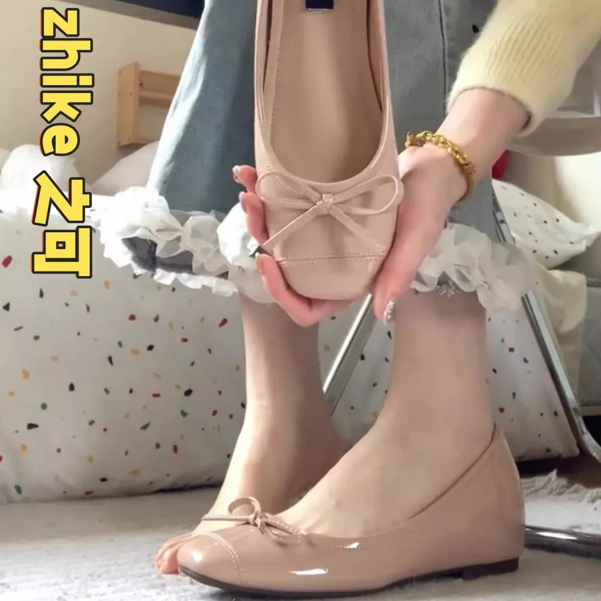 

Nude Flats Women's 2025 New Invisible Heel Low Platform French Style Ballet Shoes Shallow Mouth Soft Sole T-strap Flats