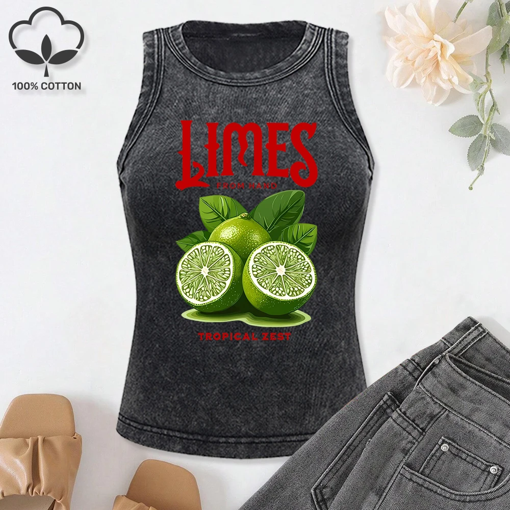 

Lemons From Hand Tropical Fruit Prints Washed Vests Women Fitness Soft Singlet Cotton Y2K Clothes Casual Sleeveless Woman Top