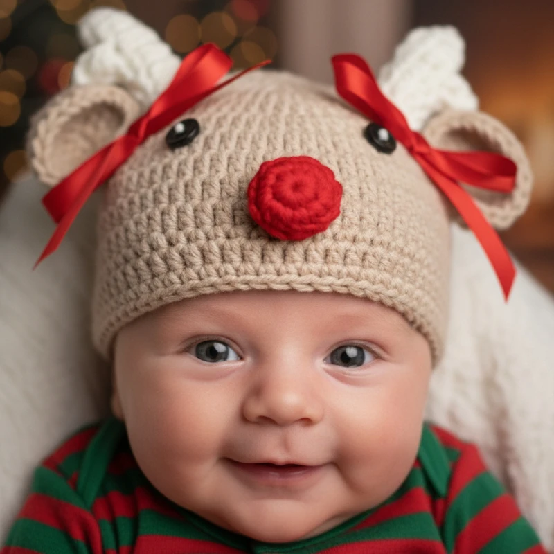 

Newborn Christmas Reindeer Crochet Hat Adorable Holiday Accessory for Infant Photography Festive Offering