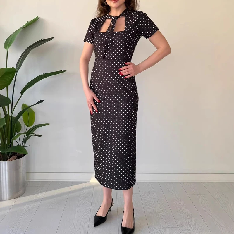 Simple Solid Slim A-Line Banquet Evening Dress Chic Square Neck High Waist Hug Hip Dress Elegant High Waist Short Sleeved Dress