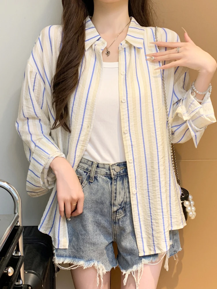 Faionable rayé Long Sve femmes irt été 2025 mince ample respirant ouvert Cardigan haut décontracté Sle bouton conception