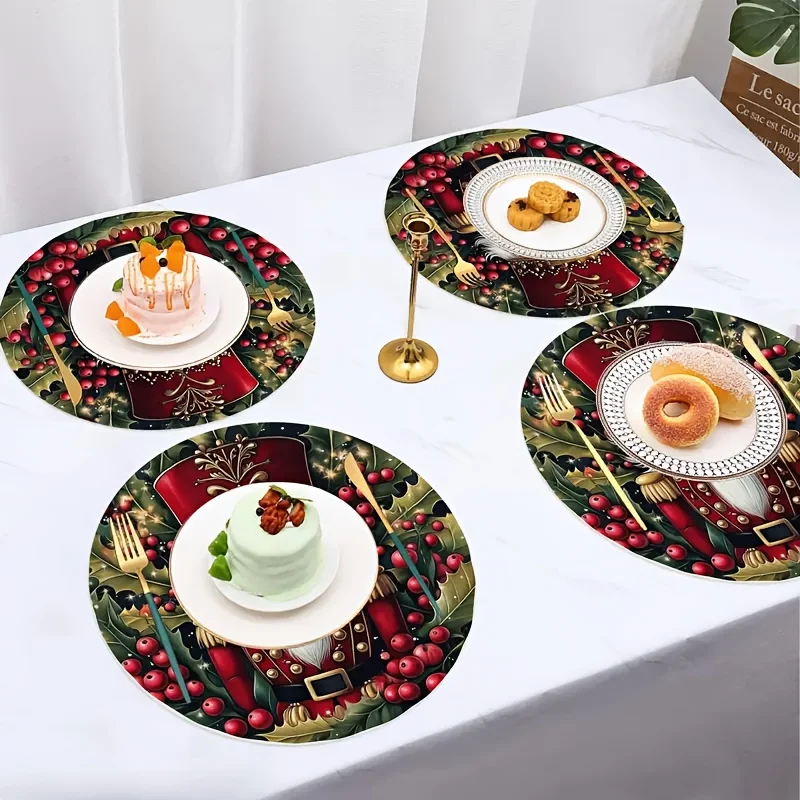 VIKAMA 4PC Christmas Nutcracker Placemat Red Hat Soldier Holly Berry Holiday Table Party Home Decor