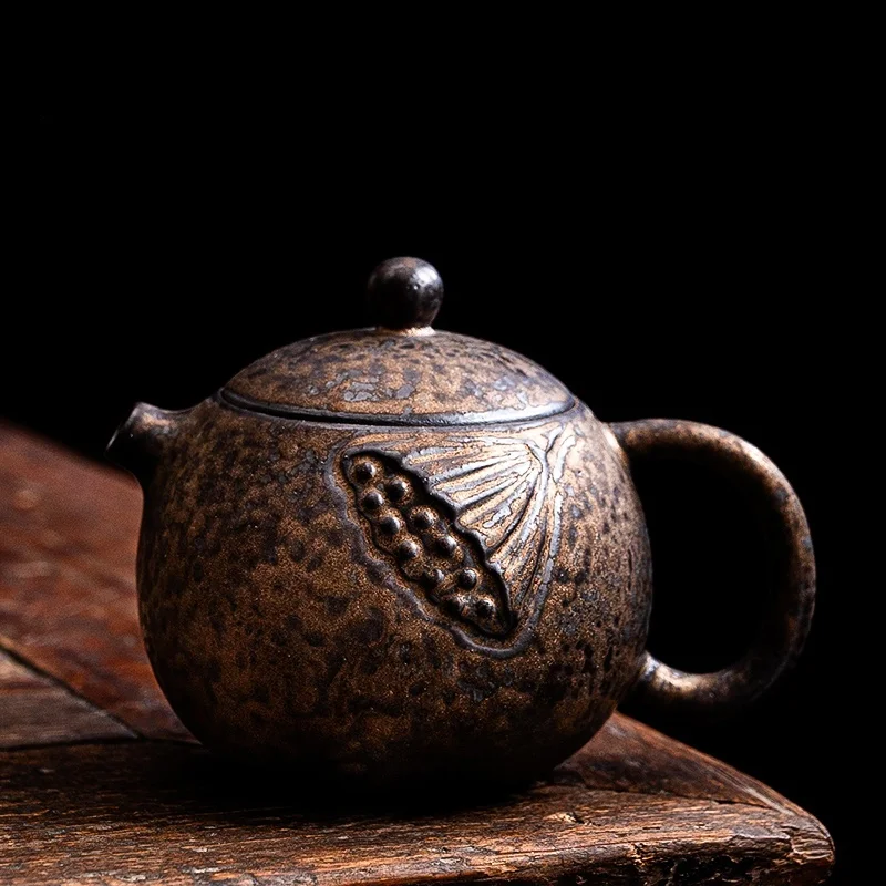 Old Rock Mud Rough Pottery Tea Pot Retro Black gold glazeTeapot Tea Kettle Tea Ceremony Tea Making Single Pot Tea Ceremony