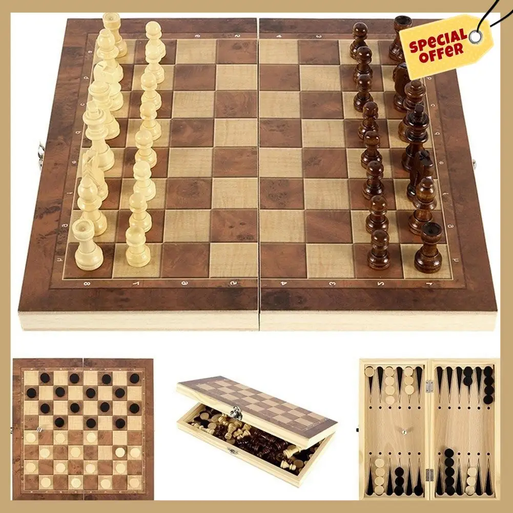 Stable Performance-Wooden Foldable 3 In 1 Chess Backgammon Wooden Board Folding Board Game